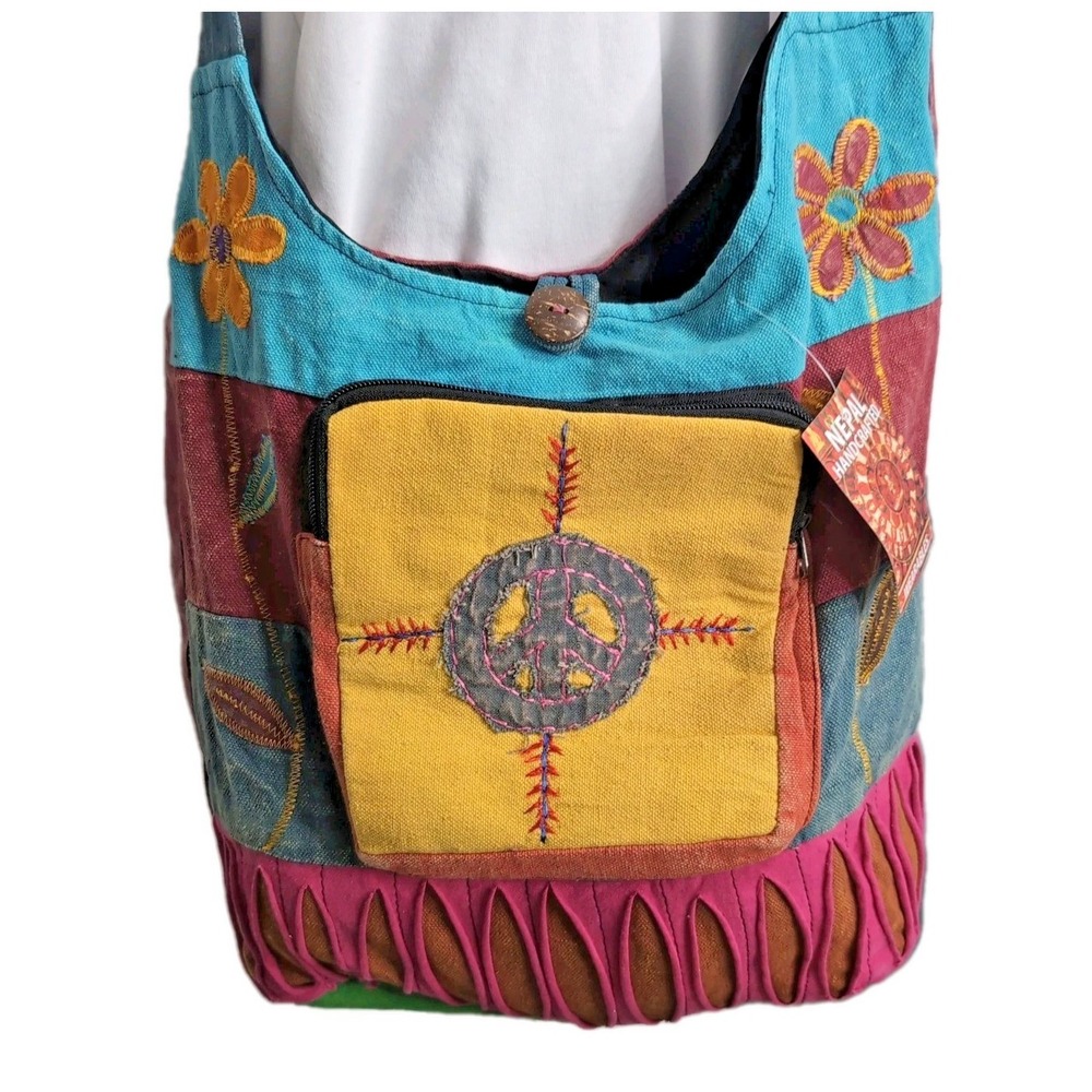 NEW NWT Nepal Handcrafted Patchwork Boho Shoulder Bag Cotton Peace Sign Colorful